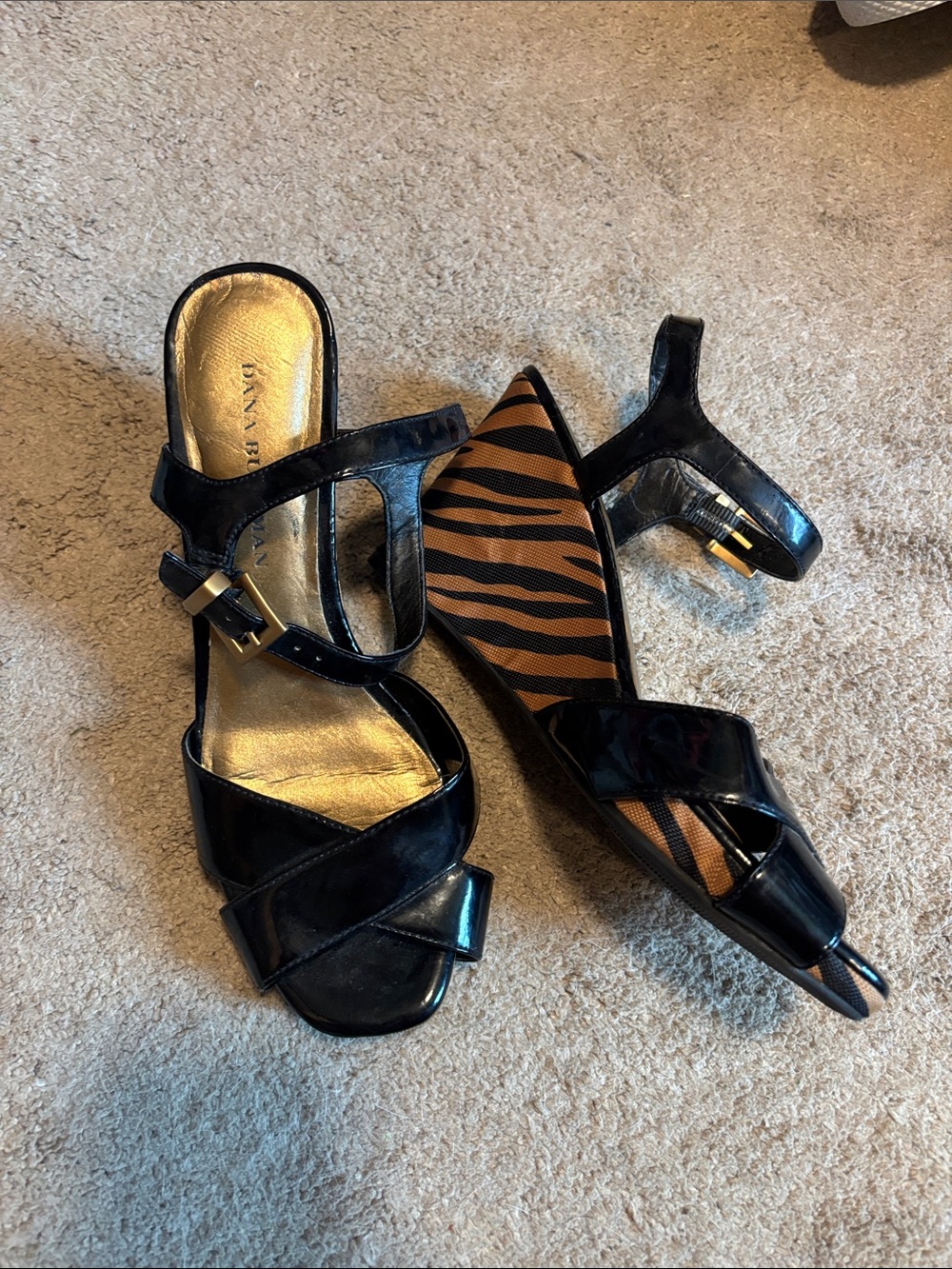 Black Patent Leather Strappy Heels with Animal-Print Insole -